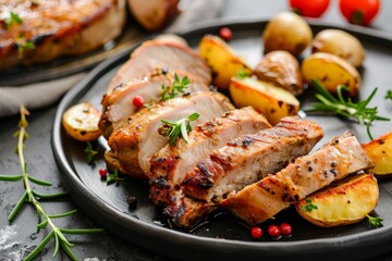 Pork and potatoes on a dark plate