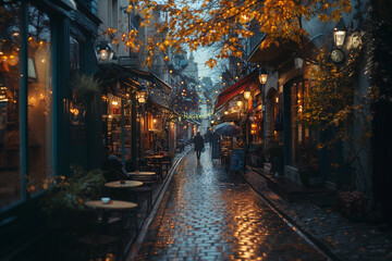 Fototapeta na wymiar A traveler exploring narrow cobblestone streets lined with charming cafes and boutiques.Person strolling down rainsoaked cobblestone street in city with umbrella