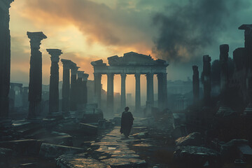 An illustration of a traveler exploring ancient ruins in a distant land. A man strolls through a decaying metropolis under a painted sky at sunset