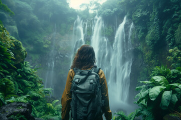 A traveler hiking through lush green forests to discover hidden waterfalls. A woman with a backpack...