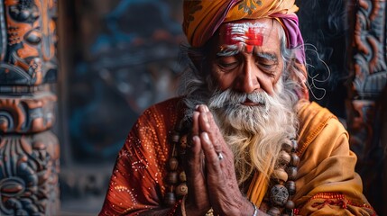Serene elder Asian man in traditional attire meditating with hands clasped