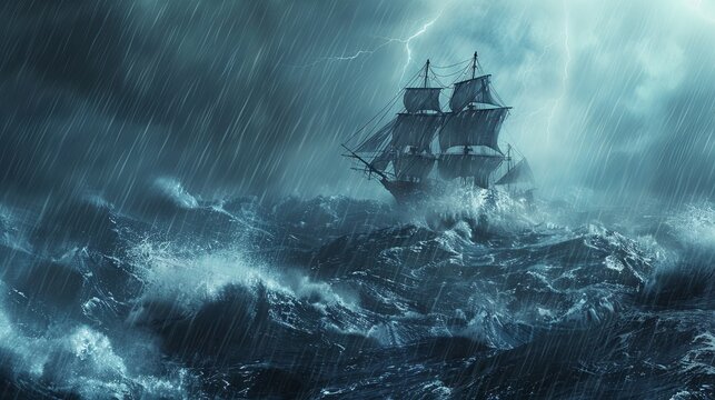 Majestic tall ship braving the tumultuous ocean storm