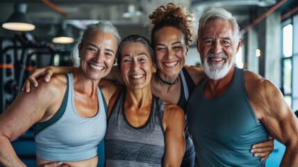Smiling group older of friends in sportswear laughing together while standing arm in arm in a gym after a workout, senior, healthy, friendship, adult, exercising, together, lifestyles. - obrazy, fototapety, plakaty