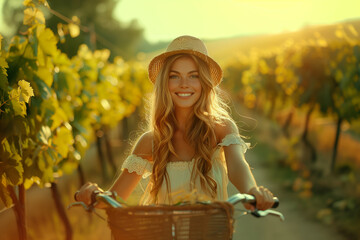 A traveler taking a leisurely bike ride through scenic countryside vineyards. Happy woman with a...