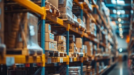 Fototapeta premium stock product inventory on shelf at distribution warehouse. logistic business ship and deliver, professional, stock, manage, movement, logistic, storage, delivering, shipping, supply, storehouse