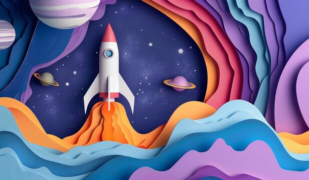 Vibrant paper art style rocket launch into colorful outer space