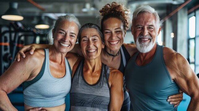 Smiling group older of friends in sportswear laughing together while standing arm in arm in a gym after a workout, senior, healthy, friendship, adult, exercising, together, lifestyles.