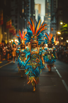 A vibrant parade celebrating a cultural holiday with colorful costumes and traditional music. A fun group in electric blue costumes parading down city street at public event