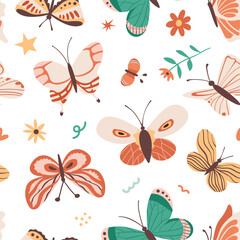Collection of elegant exotic butterflies and moths isolated on a white background. Set of tropical flying insects with colorful wings. Set of decorative design elements. Flat vector illustration.