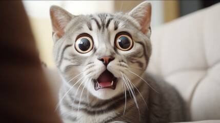 surprised cat make big eyes. American shorthair surprised cat or kitten funny face big eyes, cute, domestic, kitten, feline, Emotional surprised, kitty, wow - obrazy, fototapety, plakaty