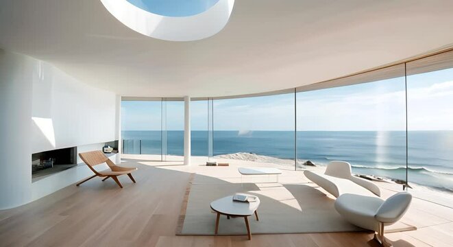 beautiful interior design, minimalism, bright colors and a view of the open sea 
