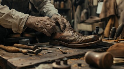 Master cobbler repairing vintage leather shoe in workshop