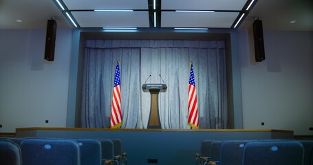 Tribune for President of the United States political speech in the White House. Press campaign room...