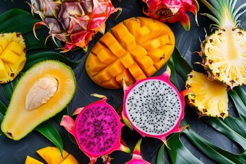 Prepare fruit salad with dragon fruit papaya mango and pineapple - obrazy, fototapety, plakaty