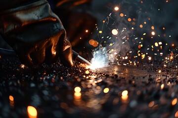 closeup of welders fusing advanced alloys with high intensity plasma torch bright sparks in dark - obrazy, fototapety, plakaty