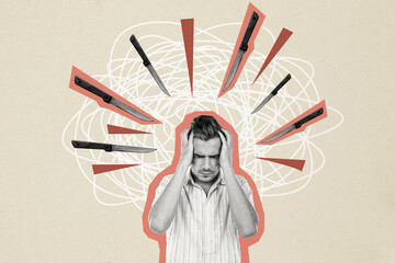 Composite photo collage of scared man hide hands sharp knife threat offender hate bullying abuse...