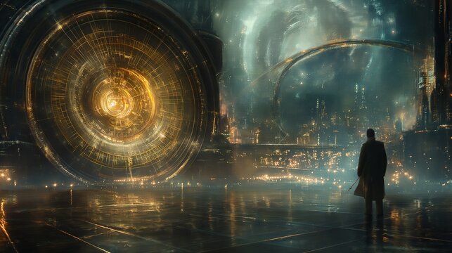 Man Contemplating a Futuristic Cityscape Portal