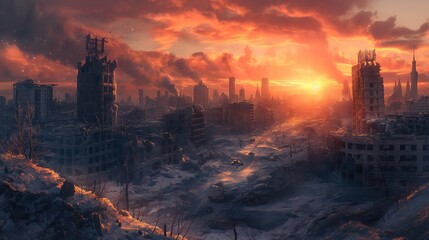 Sunset Over Snow-Covered Post-Apocalyptic City Ruins