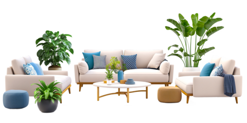 Living room with a couch chair, coffee table and plant pot isolated on a transparent or white background .png and 3d rendering	