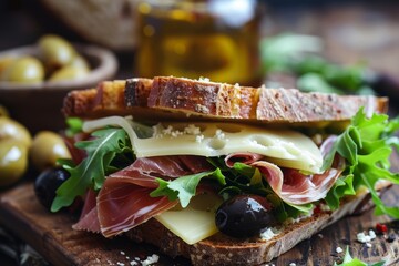 Prosciutto and cheese sandwich with olives and greens