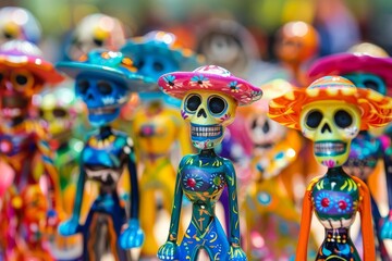 Colorful Calacas Figures for the Mexican Day of the Dead Celebration - obrazy, fototapety, plakaty