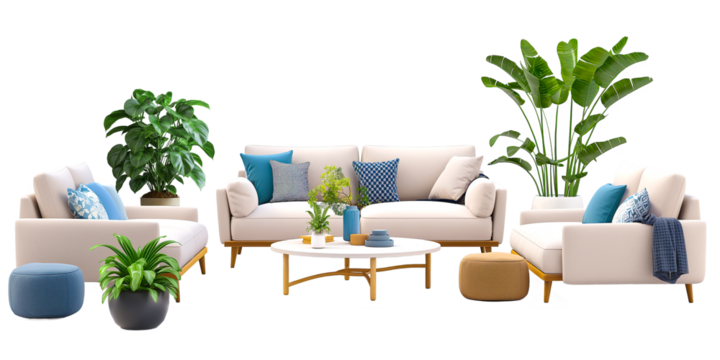 Living room with a couch chair, coffee table and plant pot isolated on a transparent or white background .png and 3d rendering - Powered by Adobe