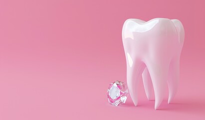 Aesthetic rendering of a pristine white tooth and a sparkling diamond on a soft pink background