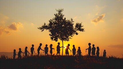 Silhouetted Children Planting Trees at Sunset,Symbolizing Environmental Stewardship and Hope for the Future