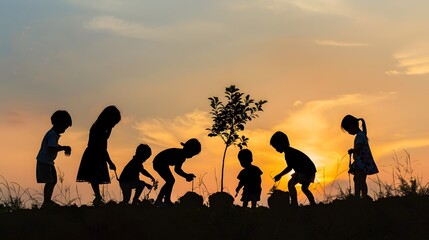Fototapeta na wymiar Children Planting Trees at Sunset - A Symbol of Hope and Environmental Stewardship