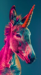 Portrait of a donkey with a horn in psychedelic colors. minimalistic studio photo on a navy background. Wallpaper.