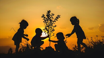 Silhouette of Children Planting Trees at Sunset,Symbolizing Hope for Environmental Stewardship and a Sustainable Future