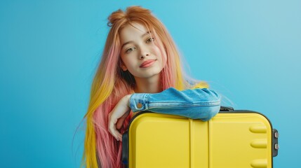 Girl with a suitcase. Beautiful teenage girl with long hair with pink, blue, and yellow highlights, next to a very huge suitcase. Light blue background.