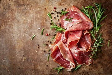 Prosciutto and rosemary on rustic brown surface