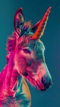 Portrait of a donkey with a horn in psychedelic colors. minimalistic studio photo on a navy background. Wallpaper.