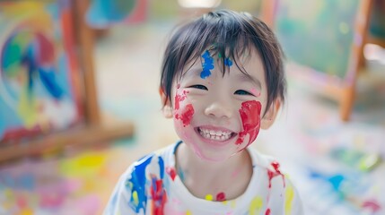 Joyful Asian Child Covered in Vibrant Paints During Fun-Filled Art Class Showcasing Creativity and Learning