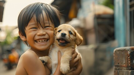 Asian Child Receiving Puppy Gift with Pure Delight and Surprise on Their Smiling Face