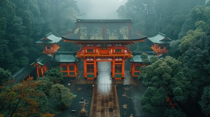 Captivating aerial shot of the iconic Fushimi Inari Shrine gates winding up the hill - obrazy, fototapety, plakaty
