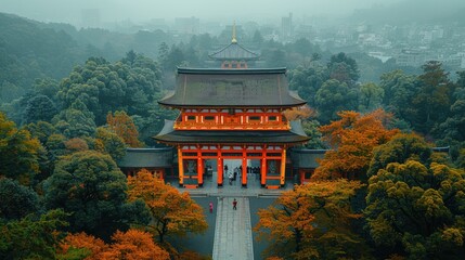 Captivating aerial shot of the iconic Fushimi Inari Shrine gates winding up the hill