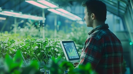 Farmer Analyzing Digital Data to Optimize Plant Growth in High-Tech Greenhouse