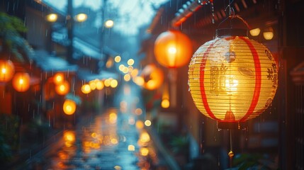 Enchanting lantern-lit streets of old Tokyo, radiating warmth and nostalgia - obrazy, fototapety, plakaty