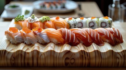 Exquisite sushi platter presented against a backdrop of minimalist Japanese design