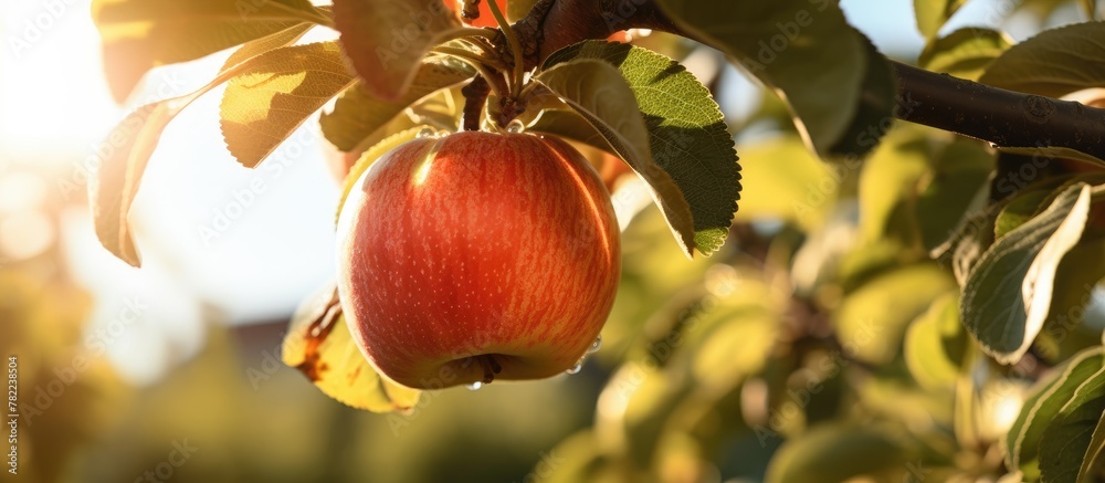 Poster red apple hangs from vibrant tree with foliage