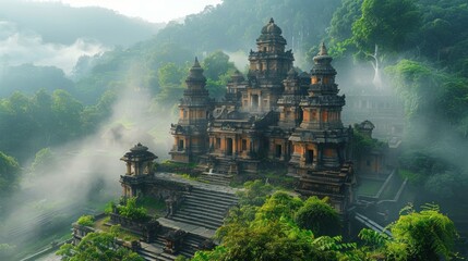 Majestic view of historic temples nestled amidst lush greenery, evoking spiritual serenity