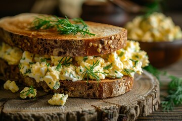 Summary of egg salad sandwich with dill on wooden table Sharp focus on sandwich blurry background with spread bowl