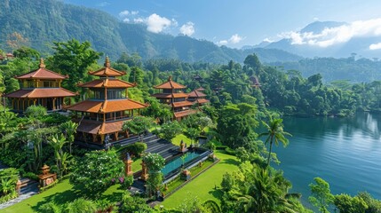 Fototapeta na wymiar Majestic view of historic temples nestled amidst lush greenery, evoking spiritual serenity