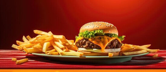 Close-up of fresh fries and burger on plate