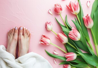 Harmony of spring awakening: bare feet among a colorful array of fresh tulips on a bright pink background - obrazy, fototapety, plakaty