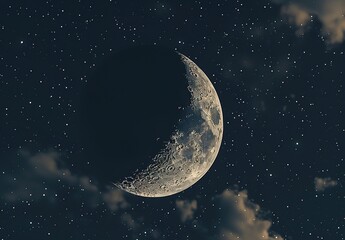 Mesmerizing night sky: a crescent moon illuminated among the stars and clouds, a symbol of tranquility and the mysterious Universe - obrazy, fototapety, plakaty