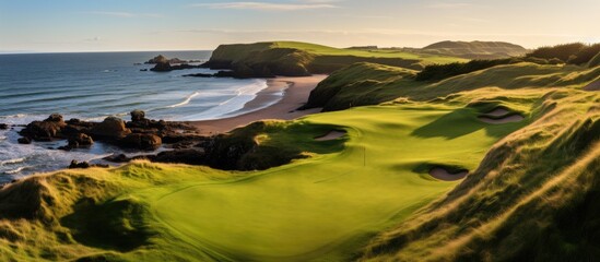 Golf course near sandy beach with ocean view