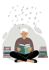 A man sits cross-legged and reads a book, there are many books around him. Vector flat illustration